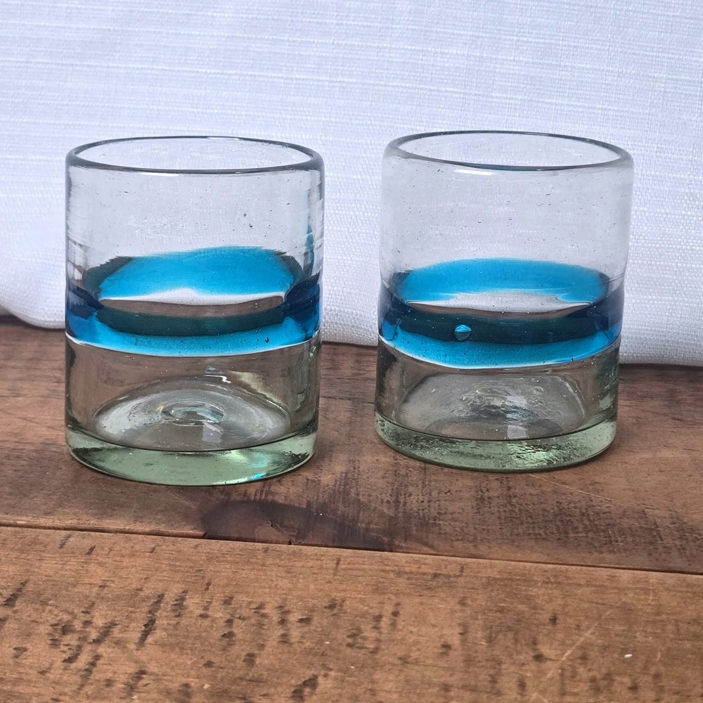 Hand Blown Glass Rocks Tumblers Set of 2 Blue Band Seeded Clear 3.75" MCM